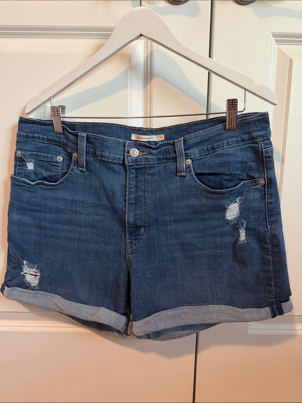 Levi's Medium Blue Distressed Roll-Cuff Denim Shorts